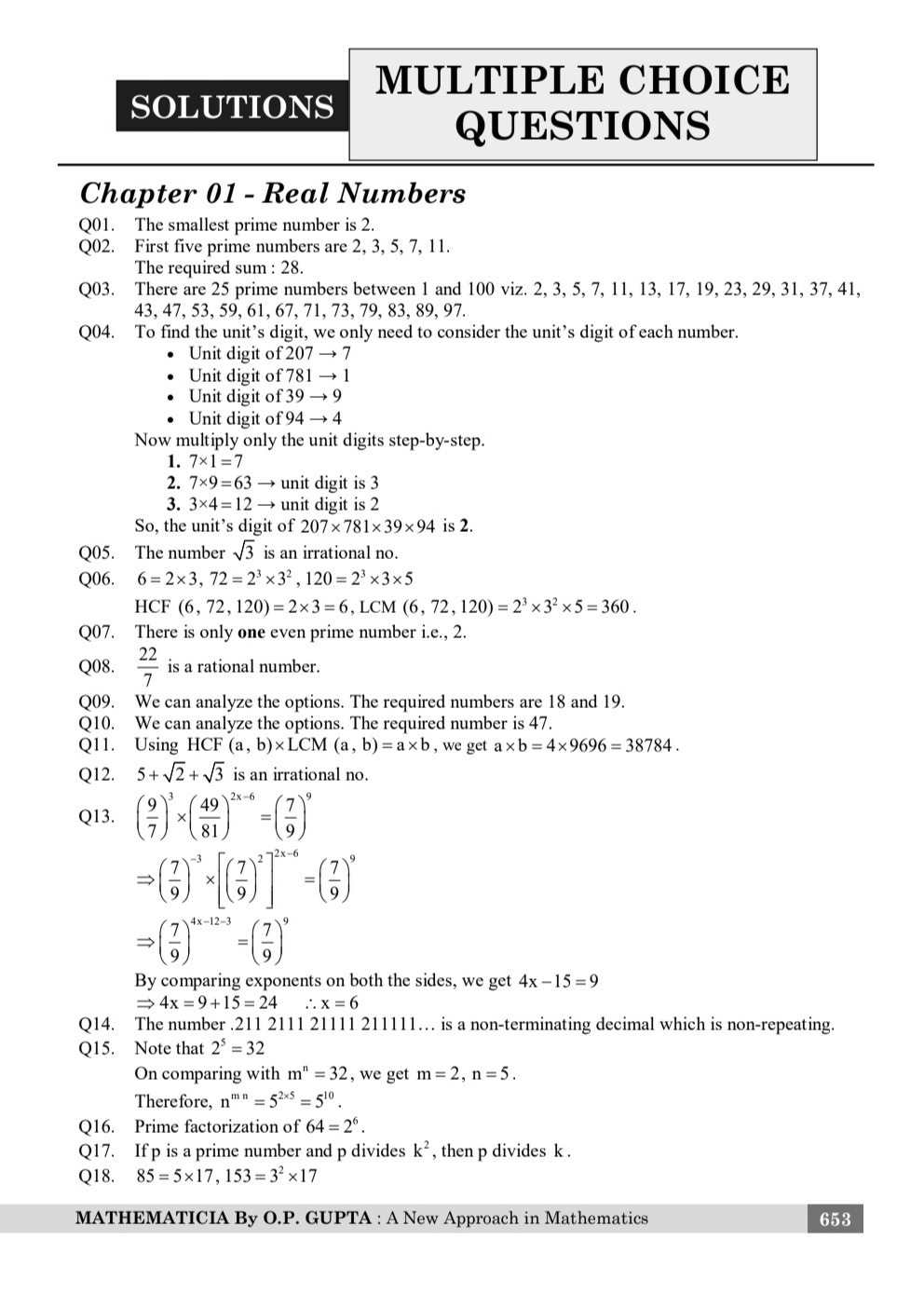 SOLUTIONS OF MATHMISSION FOR X By O.P. GUPTA