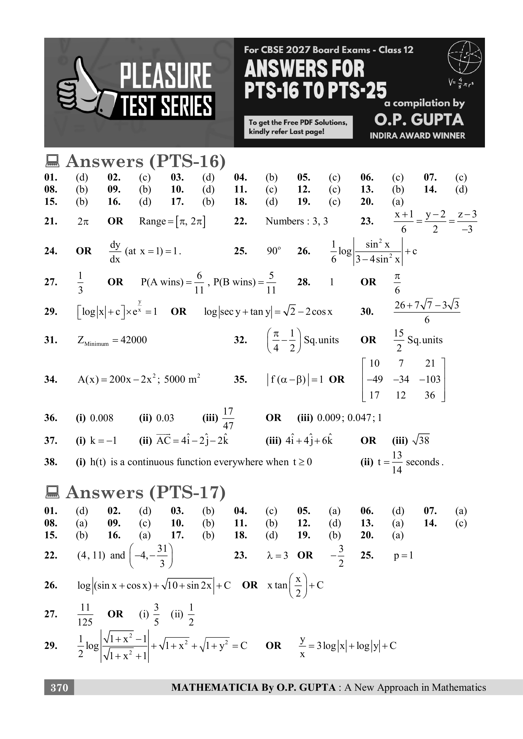 CBSE 39 SAMPLE PAPERS [Pleasure Tests Series for XII Maths (041)] by O.P. Gupta